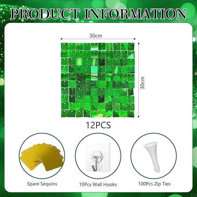 12PCS Green Shimmer Wall Backdrop, Laser Square Sequin Photo Backdrops Panel, Glitter Wall Background for Birthdays, Weddings, Christmas, Engagements, Disco Bachelorette Party Decoration (3FTx4FT)