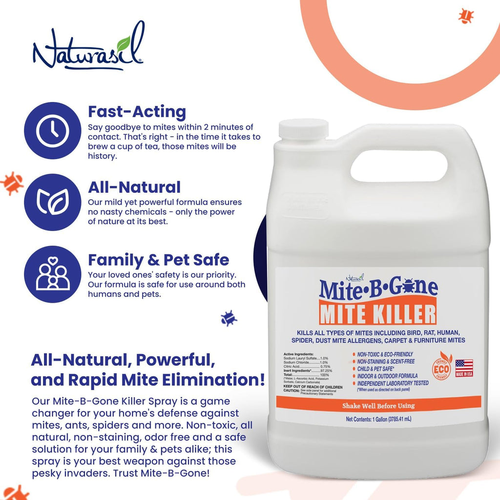 Mite Killer Treatment Spray for Home by Mite-B-Gone - Kills All Types of Mites, Dust, Spider, Rat, Carpet & Bird Mites | Safe for Homes, Furniture & Animals | Non-Toxic | Kid & Pet Friendly | 1 Gal