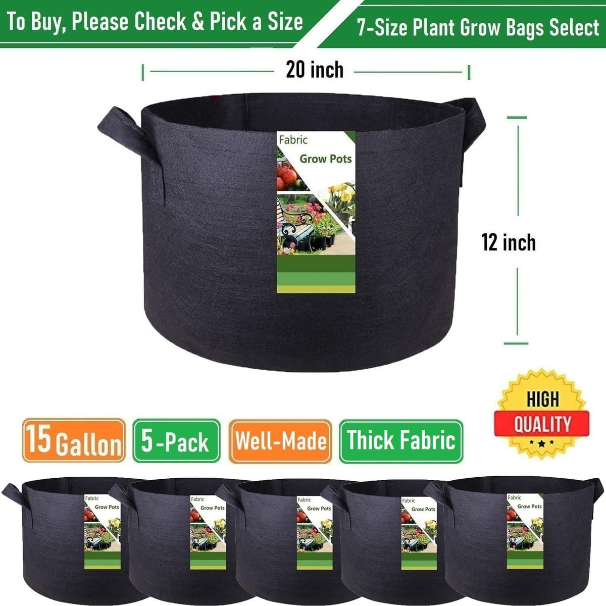 5-Pack 15 Gallon Plant Grow Bags (20x12 inch) Thickened Garden Bag Fabric Plant Pots for Potato,Tomato Planters,Herbs Veggies Planter Bag,Garden Pot,Flower Pot,Barrel Planter,Plant Container W/ Gloves
