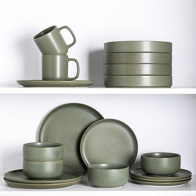 LERATIO Stoneware Dinnerware Sets for 6,Handcarft Ceramic Plates and Bowls Sets,Chip and Scratch Resistant Dishes, Dishwasher & Microwave Safe, Oven safe,Reactive Glaze-Green
