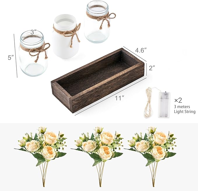 Mkono Mason Jar Lights Centerpiece Table Decor for Dining Room Farmhouse Wood Tray with 3 Jars Flowers Center Pieces Spring Decor for Coffee Table Kitchen Living Room, Grey Blue