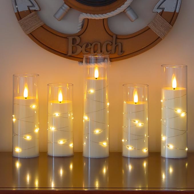 Ivory Flameless Candles with Remote and String Light, 2.2"x 5",5",6",7",7",8" LED Battery Operated Plastic Flickering Timer Pillar Candles(Pack of 6,Turn On/Off String Light Mode)