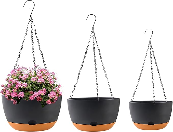KPUVX 8/10/12 inch Plant Pot Hanging Planters Self Watering Pots for Indoor Plants, 3 Pack Plastic Hanging Basket with Removable Tray for Home Garden Porch Balcony Patio Decor(Black)