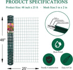 Green PVC Coated Welded Wire Fence 48 Inch x 25 Foot, 2 Inch x 3 Inch 16GA, Garden Border Fencing Roll Vinyl Coating Metal Wire Mesh for Yard Vegetable Plant Protection Poultry Netting