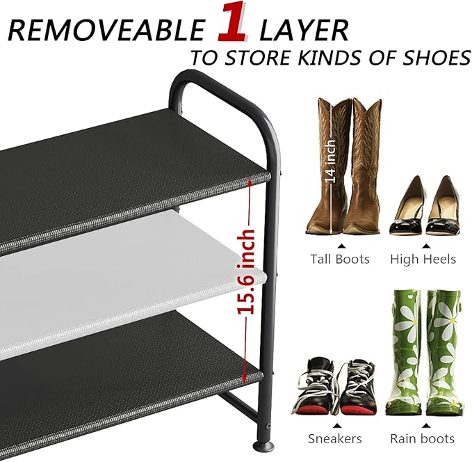 Shoe Rack 3 Tier Long Storage Organizer Wide Metal Shoe Shelf for Closet Entryway Black