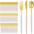 I00000 300 Pack Gold Silverware with Pink Handle, Pink Plastic Utensils Set, Disposable Cutlery include100 Forks, 100 Knives, 100 Spoons,Plastic Cutlery Set for Wedding & Party
