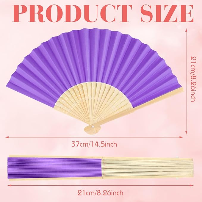 6 Pieces Purple Hand Held Bamboo Folding Fans Foldable Paper Fans Handheld for Women Girls Wedding DIY Decoration Church Home Party Favors Summer