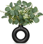 Artificial Eucalyptus Stems in Ceramic Vase 14.23" Fake Eucalyptus Plant Decor Black Donut Vase with Greenery Centerpiece Table Decorations Small Faux Green Plant for Home Farmhouse Wedding Table