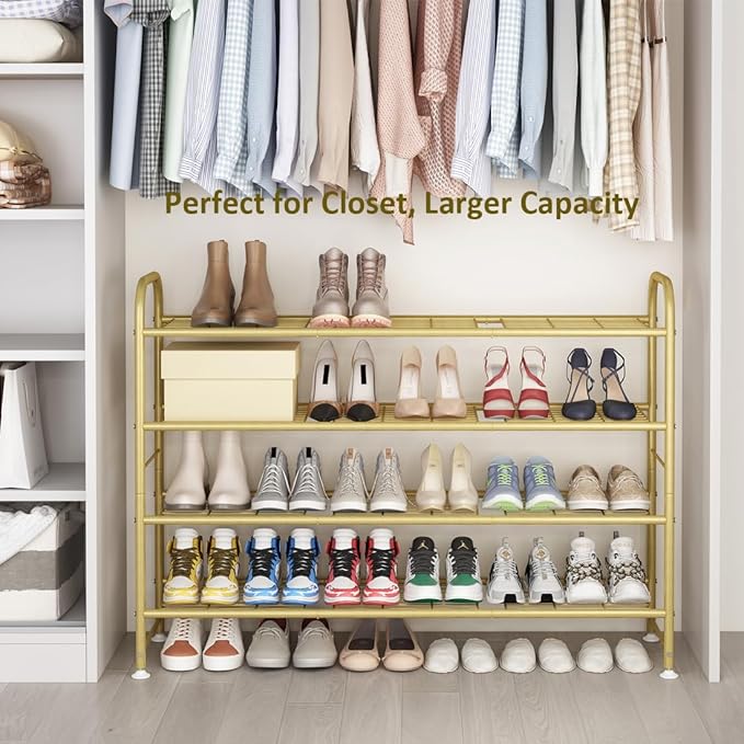 LINZINAR Shoe Rack 4 Tier Storage Organizer for Closet Entryway Metal Gold