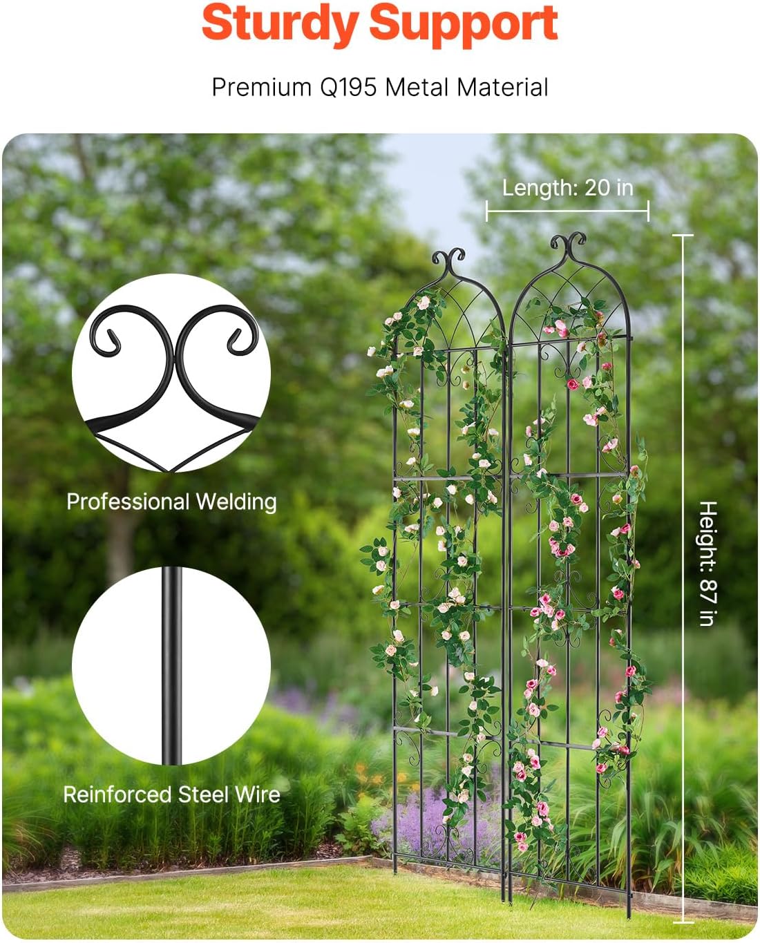 VEVOR Garden Trellis for Climbing Plants, 87 x 20 in, 2 Packs Rustproof Metal Garden Flower Trellis, Outdoor Climbing Rose Trellis Cucumbers Support, Decorative Clematis Trellis for Courtyards Lawns