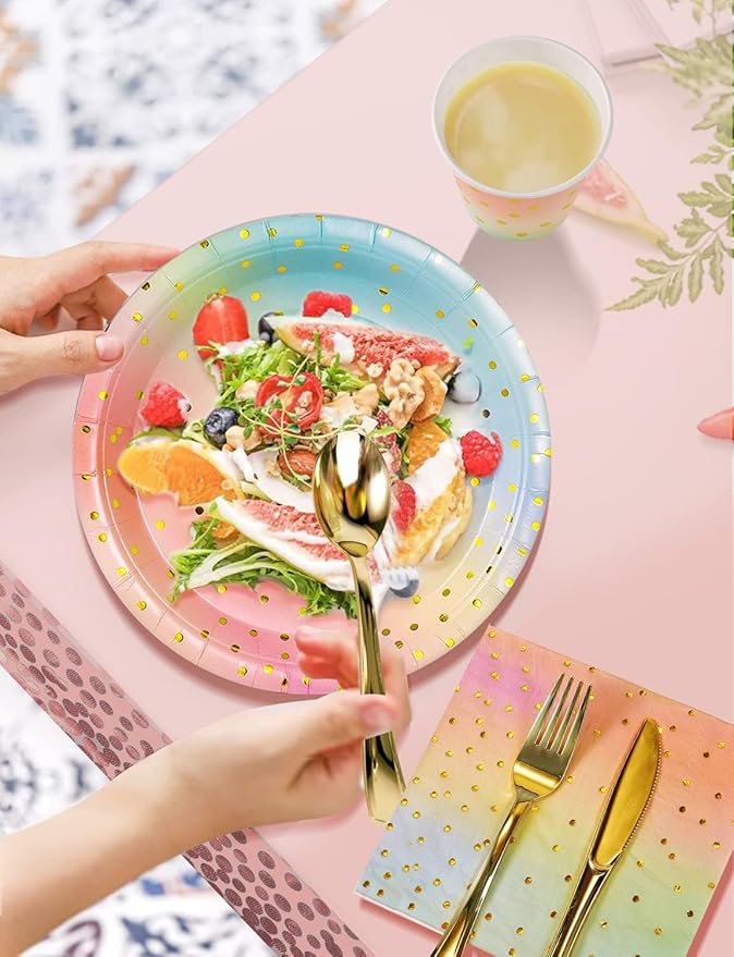 141 Pieces Rainbow Gold Party Supplies, Party Dinnerware Sets Include Paper Plates Napkins Cups Silverware, for Wedding Bridal Shower Engagement Birthday Parties Decoration -20 Serves