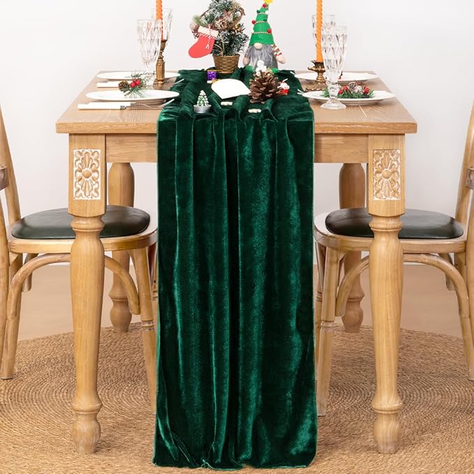 MLMC Emerald Green Velvet Table Runner 10ft Luxury Dark Green Velvet Fall Table Runner 20x120 Inches Glossy Wedding Table Runner for Bridal Shower Birthday Party Gathering Thanksgiving Christmas Decor