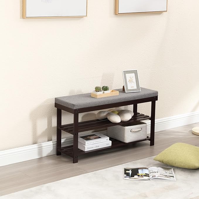 Apicizon 3-Tier Shoe Rack for Entryway, Bamboo Shoe Bench with Cushion Padded Seat, Small Shoe Organizer with Storage for Indoor Entrance Hallway Bedroom Living Room, 35.4 Inches, Brown