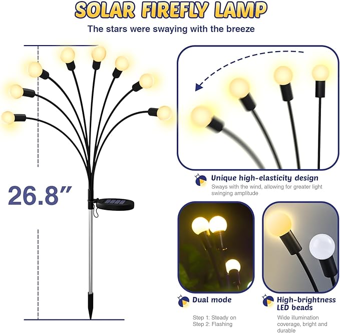 Solar Firefly Lights 2 Pack 16 LED Lights 2 Lighting Modes for Garden, Patio and Yard Solar-Powered LED Lights (Warm White)