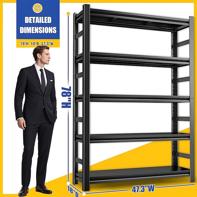 78" H Metal Garage Shelving Heavy Duty 3,500LBS Adjustable Storage Shelves Unit 5 Tier Garage Storage Shelves Utility Storage Rack Shelf for Basement, Commercial, Warehouse, Industrial, Black