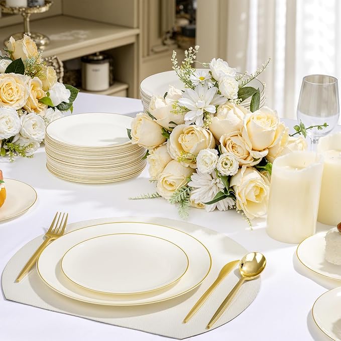 bUCLA 200PCS Ivory Plastic Plates with Gold Rim - Heavy Duty Cream Disposable Include 100 Dinner 10 inch & 100 Dessert 7 inch Plates, Ideal for Party & Thanksgiving