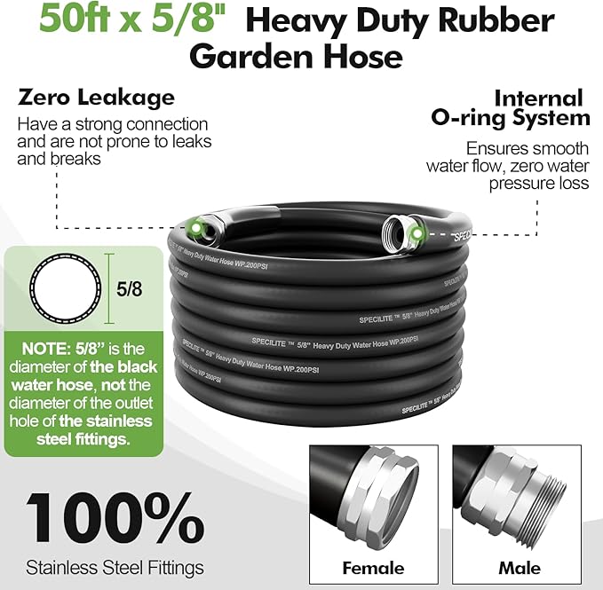 SPECILITE 5/8" Garden Hose 50 ft with High Flow Nozzle, Heavy Duty Flexible Hybrid Rubber Water Hose for Outdoor, Lightweight, Leak-Proof, No-Kink, 3/4"Stainless Steel Fittings,Black