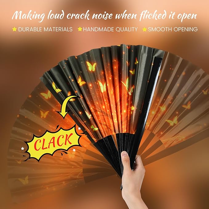 SYNTECSO Folding Hand Fan for Rave, Popping Fan for Line Dancing, Drag Queen, Women and Men Gift，Chinese Japanese UV Glow Clack Fan for Parties, Music Festivals, EDM and Decoration