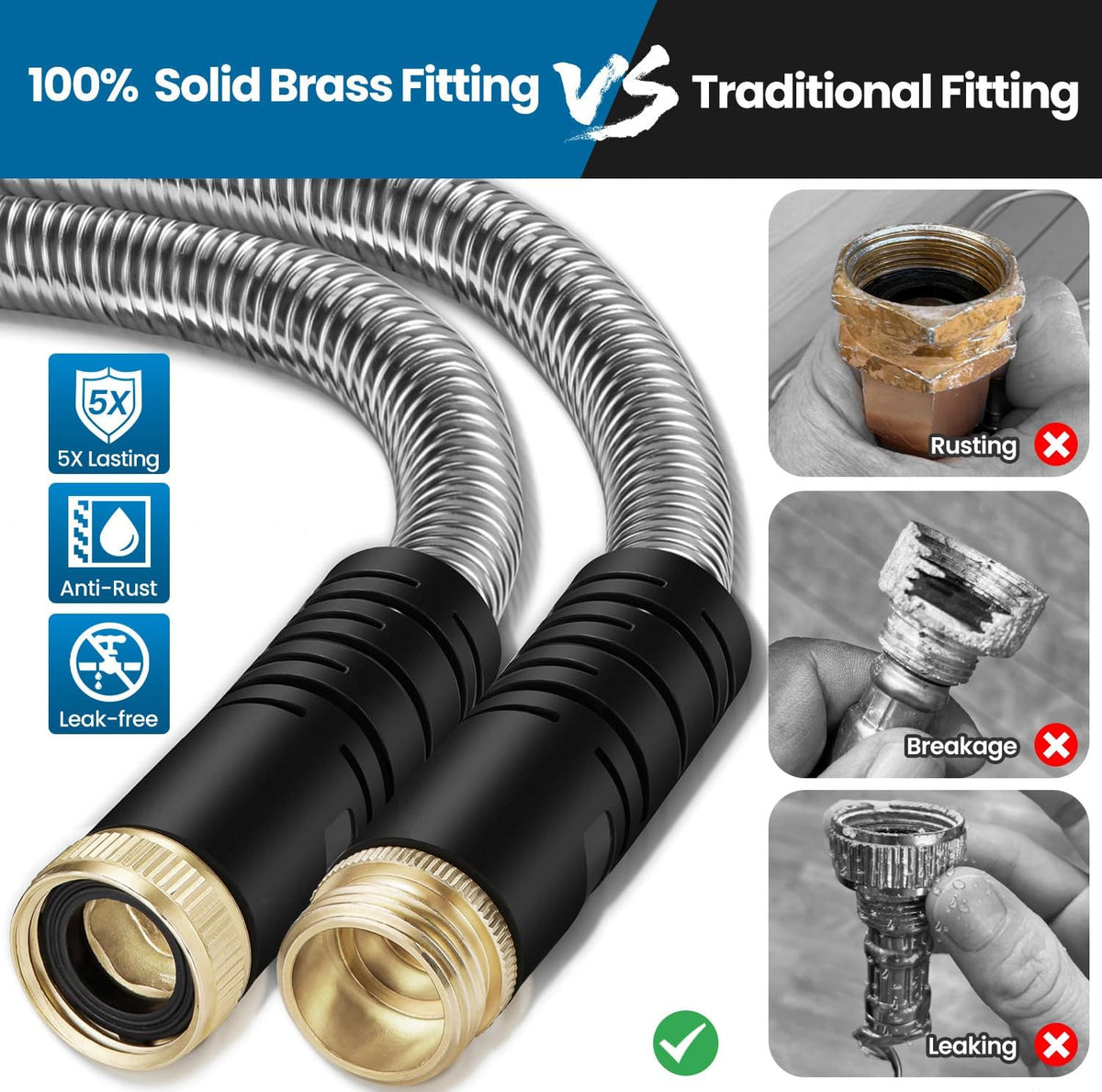 Garden Hose 50FT, Water Hose with 10 Function Nozzle, Garden Hose Metal with Leak-proof Connectors, Kink-Free & Ultra Flexible, Rust/Pet/Puncture Proof for Lawn, Yard, RV, Car Wash, 550PSI