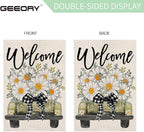 GEEORY Daisy Eucalyptus Truck Welcome Garden Flag 12x18 Inch, Double Sided Spring Summer Small Floral Flag, Farmhouse Rustic Outdoor Outside Yard Lawn Decoration