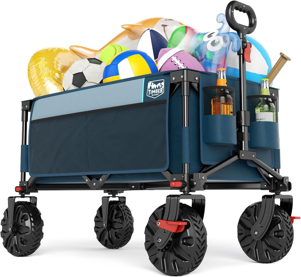 Timber Ridge Outdoor Collapsible Wagon with Brakes Utility Folding Cart Heavy Duty All Terrain Wheels for Shopping Camping Garden with Side Bag and Cup Holders, Blue