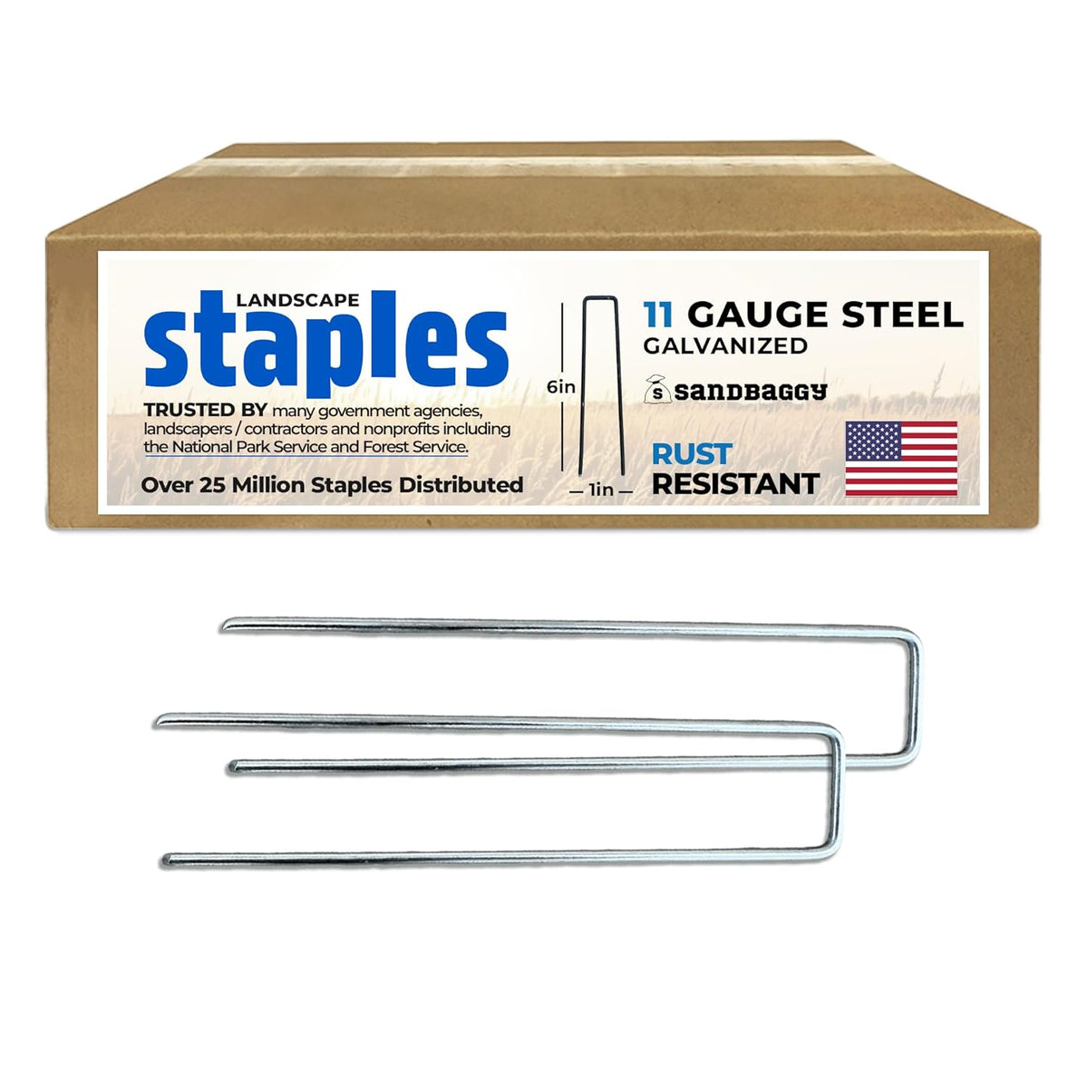 Sandbaggy USA Made 6-inch Landscape Staples - Garden Stakes - Landscaping Fabric, Netting, Sod, Artificial Turf (Standard (Galvanized), 2000)