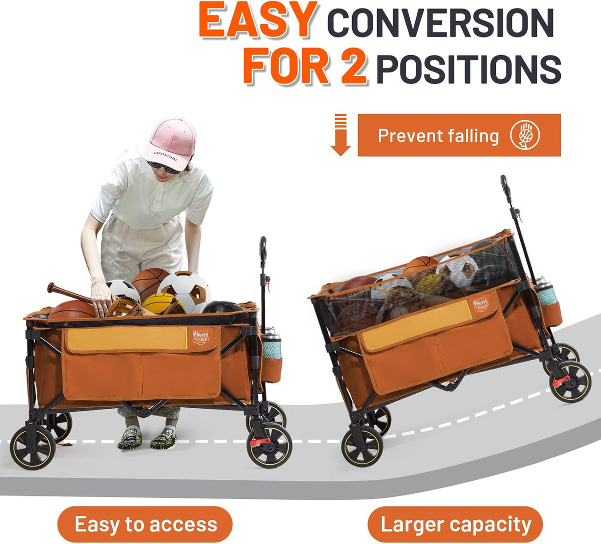 TIMBER RIDGE 350L Extra Large Collapsible Folding Wagon Carts with Brake, Heavy Duty Outdoor Camping Utility Wagons with Extended Height, Adjustable Handle, Cup Holders, Side Bag(Orange)