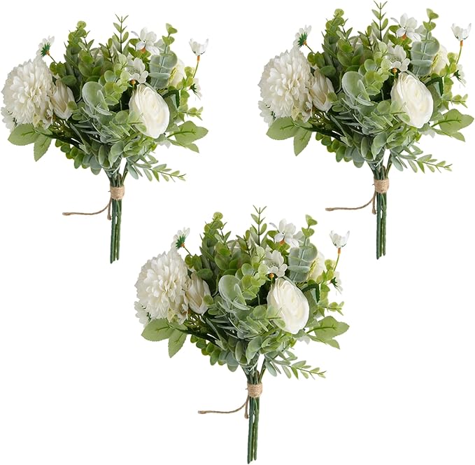 Meldel 3 Pcs Bouquet Rose Artificial Fake Flowers Eucalyptus Plants Faux Silk Flower Arrangements Wedding Bouquets Decorations Floral Table Centerpieces for Home Kitchen Garden Party Decor (White)