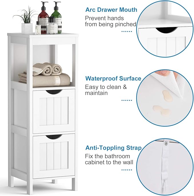 Tangkula Bathroom Floor Cabinet, Wooden Storage Cabinet w/2 Adjustable Drawers, Narrow Storage Floor Cabinet for Living Room Bathroom Office (White)