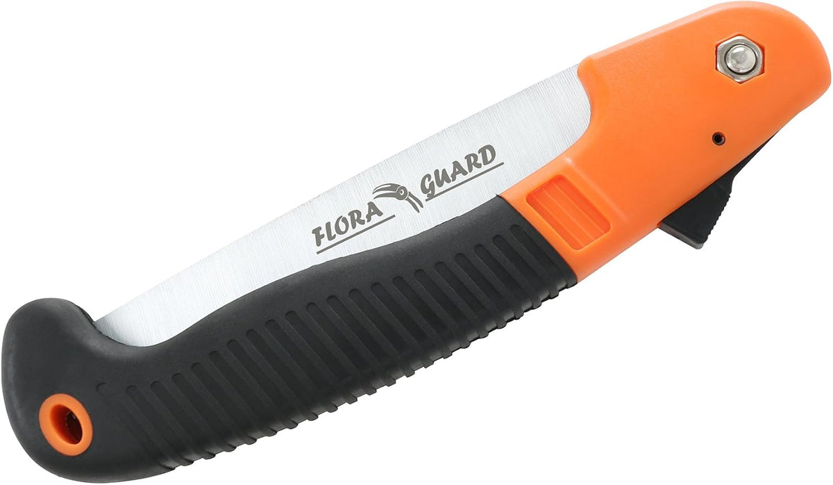 FLORA GUARD 7.7-Inch Folding Hand Saw, Pruning Saw with Trible-Cut Razor Teeth for Wood Cutting, Tree Trimming, Professional Camping Gardening Tools (Orange)