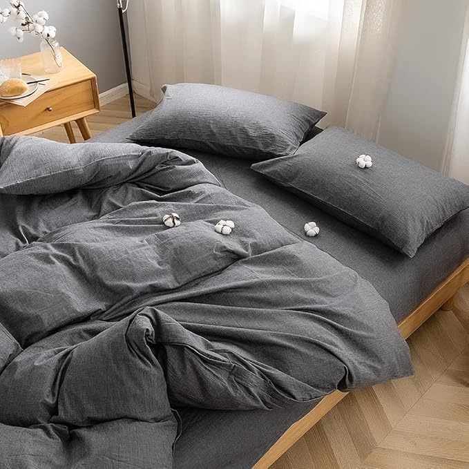 FACE TWO FACE Bedding Duvet Cover Set100% Washed Cotton Duvet Cover Linen Like Textured Breathable Durable Soft Comfy (Full, Gray)