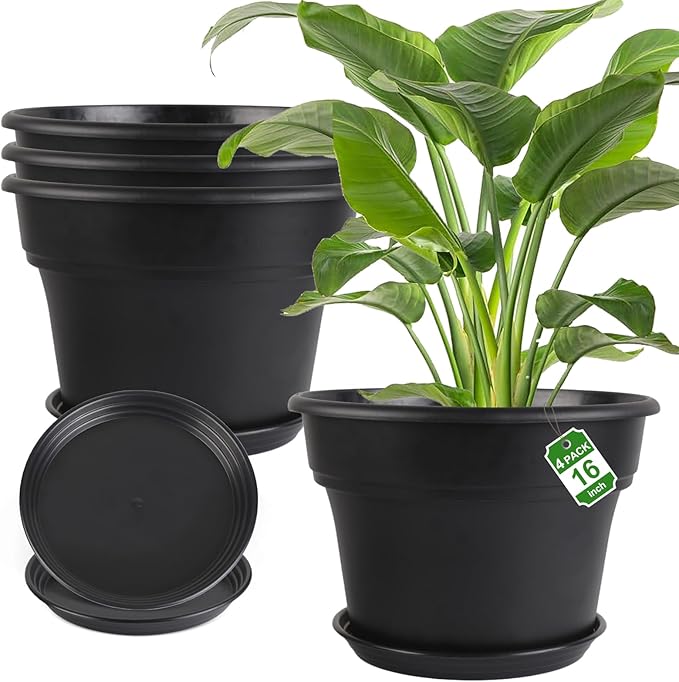 16-inch-Plant-Pots, 4 Pack Large Planters for Outdoor Plants, Plastic Flower Pots Indoor with Drainage Holes & Trays, Classic Garden Pot Container for House