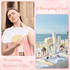 6 Pieces White Hand Held Bamboo Folding Fans Foldable Paper Fans Handheld for Women Girls Wedding DIY Decoration Church Home Party Favors Summer