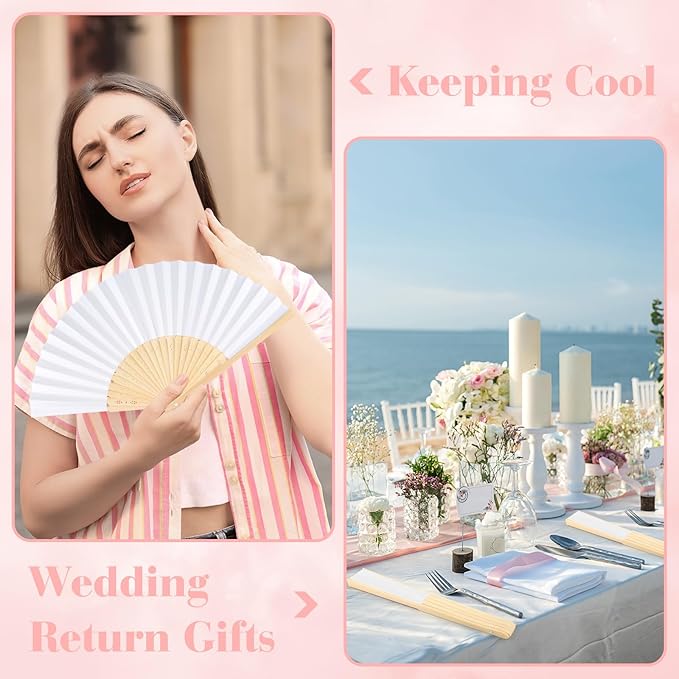 6 Pieces White Hand Held Bamboo Folding Fans Foldable Paper Fans Handheld for Women Girls Wedding DIY Decoration Church Home Party Favors Summer