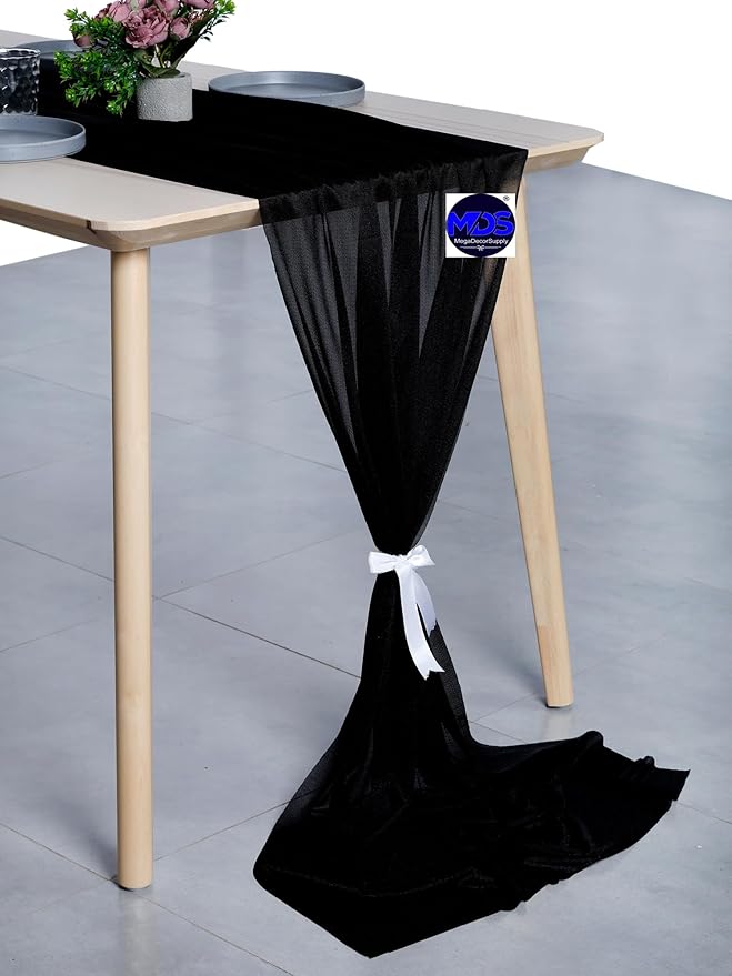MDS 15 Pack 10ft Chiffon Table Runner 29 x 120 Inches Sheer Wedding Runner Romantic Rustic Table Runner for Wedding Decorations, Birthday Parties, Bridal Shower Party Arch Decor - Black