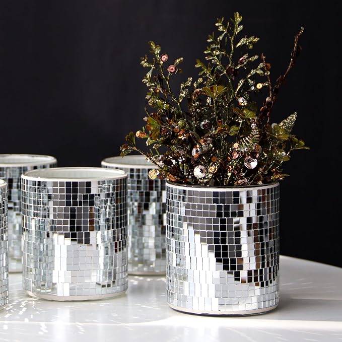 WDHODEC 6 Pcs Disco Vases Bulk Silver Mirror Disco Ball Flower Vase Glass Candle Holder for Wedding Table Centerpieces Decoration 4"
