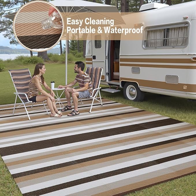 Outdoor Waterproof Rug 8'x10' Plastic Straw Rugs Washable Reversible Floor Mat Brown Stripe Carpet for Camping RV Deck Entryance Porch Picnic Balcony Beach Backyard