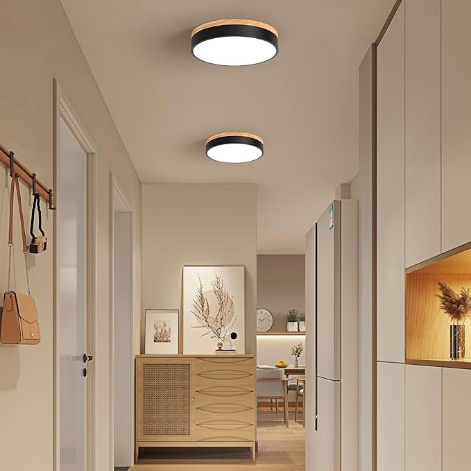 Modern Dimmable LED Close to Ceiling Light Minimalist Wood Oak Flush Mount Ceiling Light Fixture Circle Lighting for Bedroom Kitchen Bathroom Laundry Room (Black, 11.8'')
