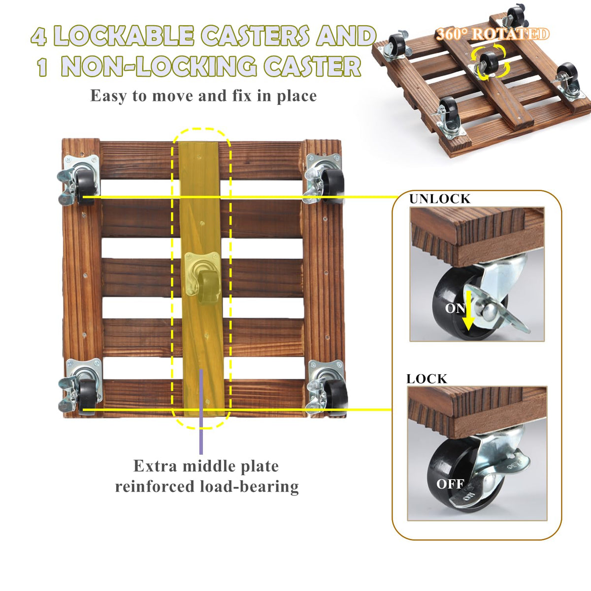 2 Pack Plant Stand with Wheels, 12" Rolling Plant Stand 264 LBS Heavy Duty Wooden Square Plant Caddy with Metal 360° Lockable Caster Wheels for Outdoor Indoor Large Plant Pots, Flower Pot, Patio