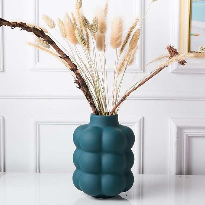 Ceramic Vase, Modern Dried Flower Vase, Blue Teal Vase with Raised Dots, Boho Home Decor for Centerpiece Wedding Dinner Table Party Living Room Office Bedroom, Housewarming Gift