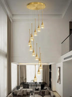 12-Lights Staircase Chandelier Gold Pendant Light Fixture for Sloped High Ceiling Raindrop Chandelier for Living Room Foyer Hallway Villa