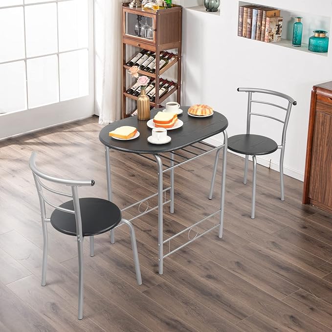 VINGLI 3 Piece Dining Set,Small Kitchen Table Set for 2,Breakfast Table Set,Kitchen Wooden Table and 2 Chairs for Small Space/Dining Room/Apartment,Metal Frame,Wine Rack,Sliver&Black