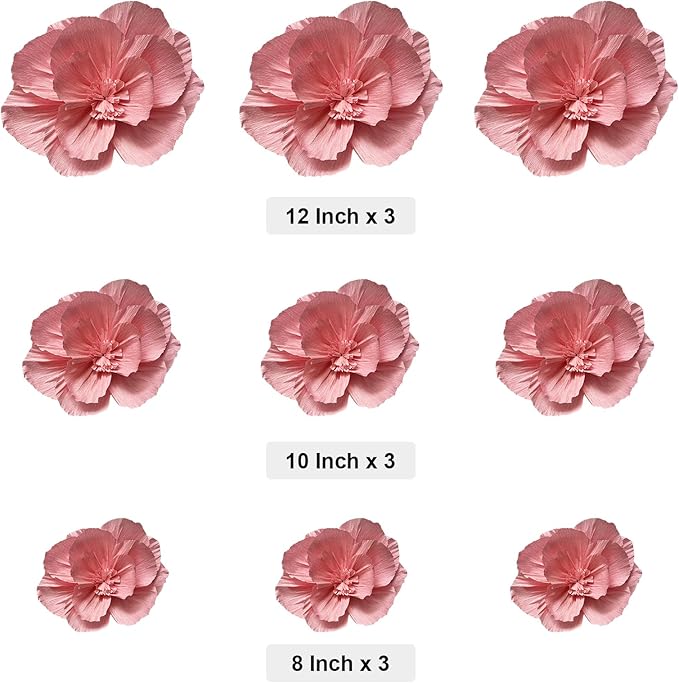 BRT Bearingshui Crepe Paper Flowers Decoration for Wall Total 9 Pcs, Artificial Flowers for Wedding Decor,Flower Backdrop Decor, Baby Bridal Shower Birthday Party, Pink 3D Wall Flowers Decor