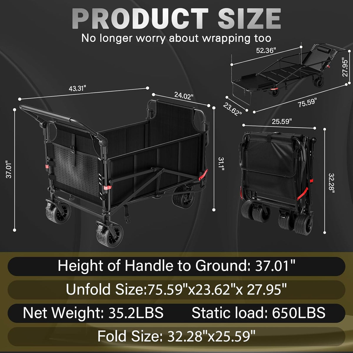 LEVELEVE Heavy Duty Folding Wagon - 2-in-1 Collapsible Cart, 650lb Capacity, All-Terrain Wheels w/Brakes & Side Pockets (Black)