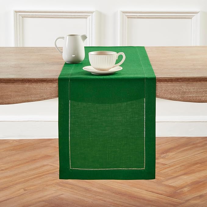 Solino Home Linen Garden Green Table Runner 72 Inches Long - 100% Pure Linen Hemstitch Table Runner 14 x 72 Inch for Dresser, Dining, Christmas - Classic Hemstitch