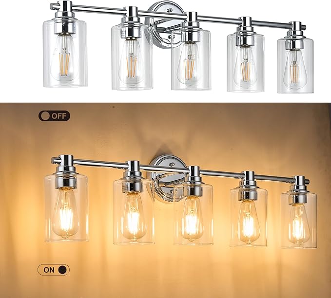 Bathroom Light Fixtures Wall Sconce Light with Clear Glass Chrome 5 Lights Bathroom Lighting Over Mirror Vanity Lights for Living Room,Bedroom,Restroom,Hallway E26 Base