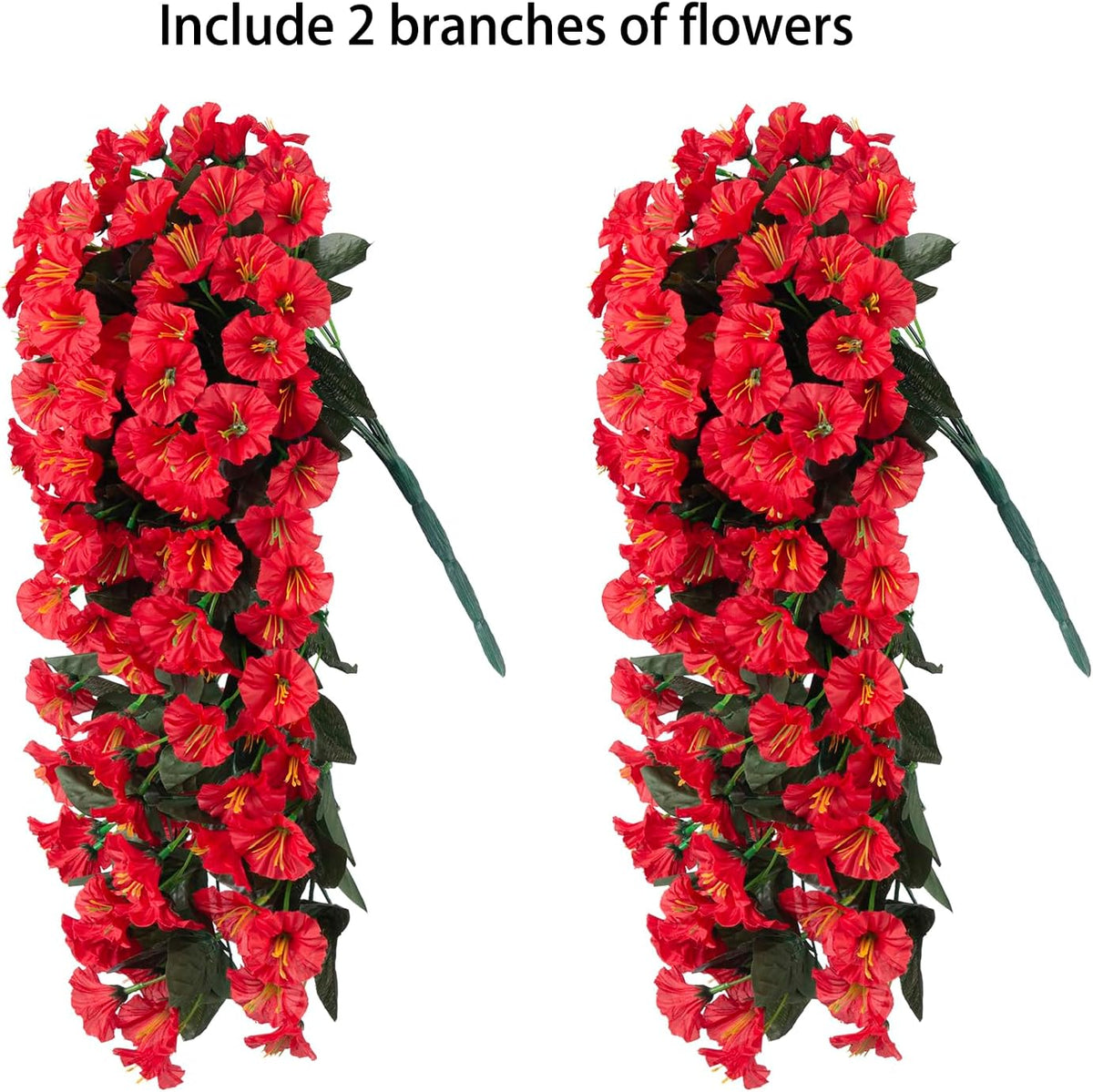 Artificial Fake Hanging Flowers Plants for Outdoor Outside Decoration, 2PCS Faux Silk UV Resistant Look Real Red Morning Glory Trailing Vines for Home Planter Wedding Party Garden Patio Porch