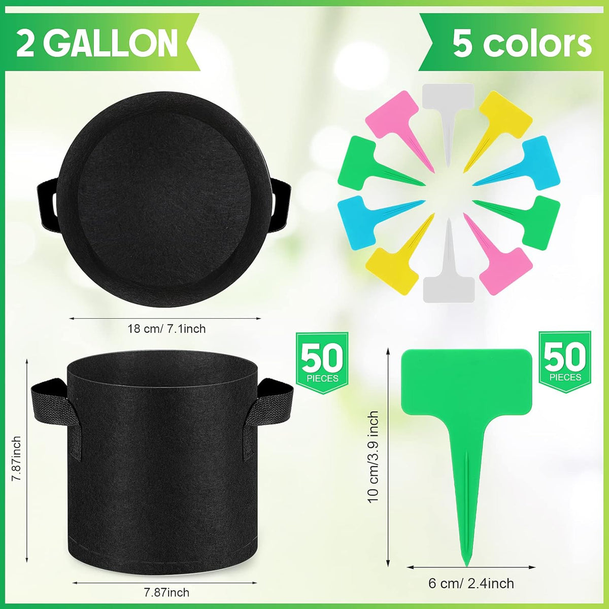 Nuanchu 50 Packs Grow Bags Small Aeration Fabric Pots Nonwoven Garden Bags Grow Pots Planter with 50 Pcs Plant Labels for Indoor Outdoor Plant Flower Planting Vegetable Growing (2 Gallon)