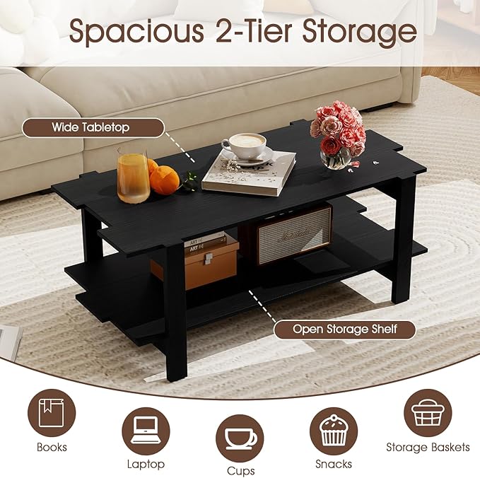 GOFLAME Wood Coffee Table with Storage, 2-Tier Irregular Center Table with Open Storage Shelf, Modern Accent Tea Table for Living Room, Home Office, Reception Room (Black)