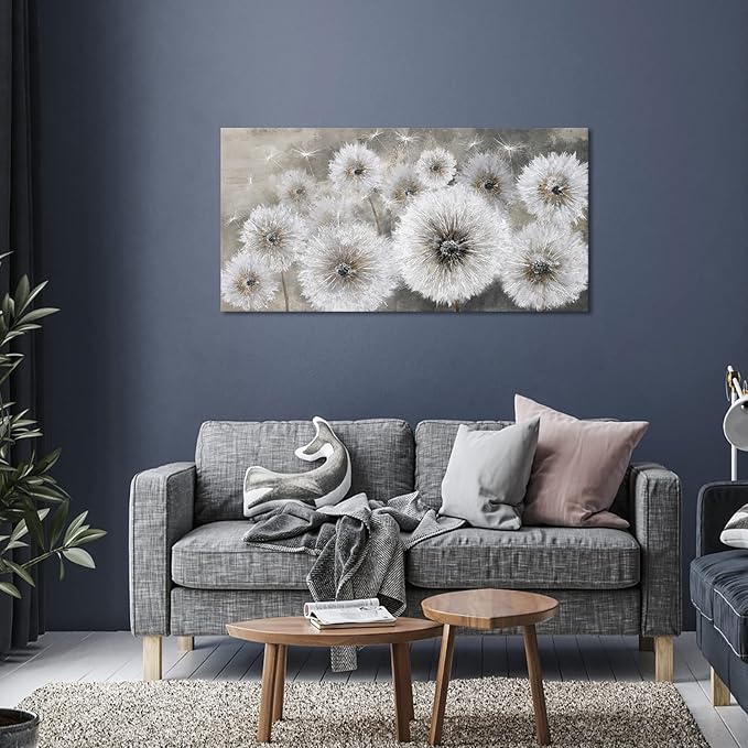Pogusmavi Wall Art for Living Room & Bedroom - Large Canvas Wall Decor, 24x48, Gray Dandelion Artwork